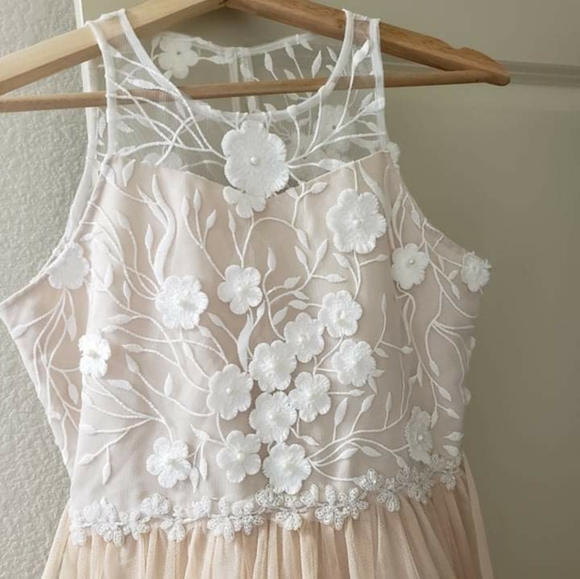 Big Girls Embroidered Mesh Gown, Taupe - Picture 3 of 9